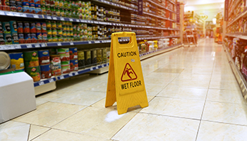 Yellow “Caution Wet Floor” sign in a grocery store aisle.